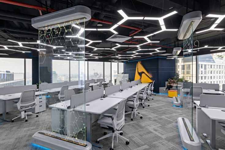 Modern Open Office Interior Design with Hexagon Ceiling Lights – Corporate Workspace Chennai image 2