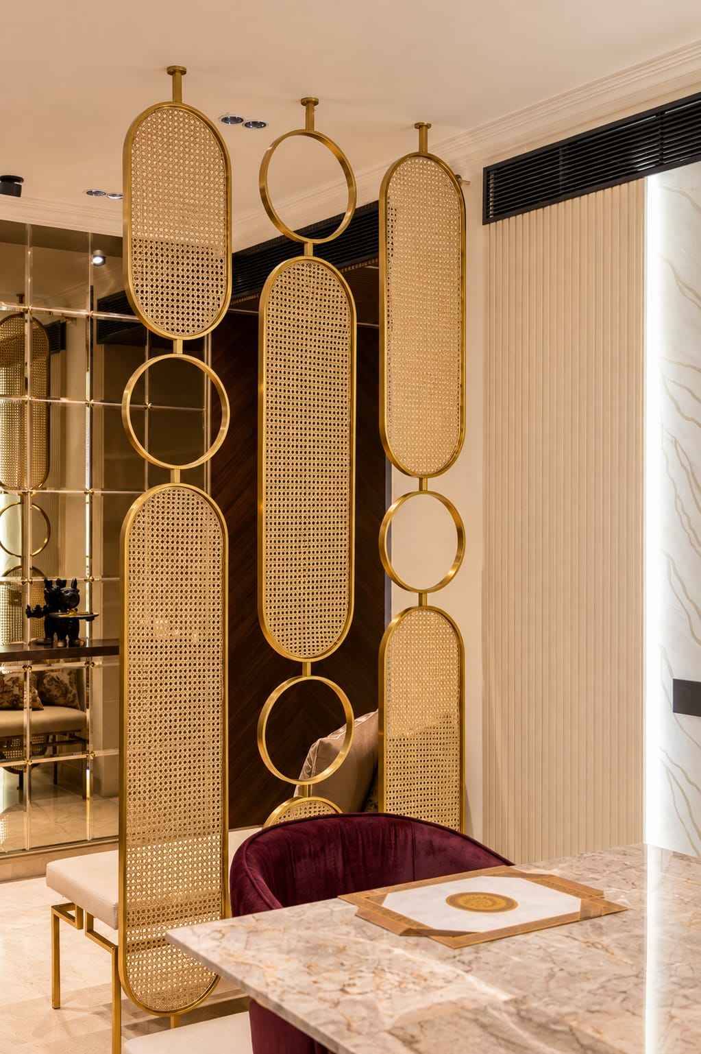 Gold Metal Partition with Cane Panels and Circular Mirror Design | Adyar image 2