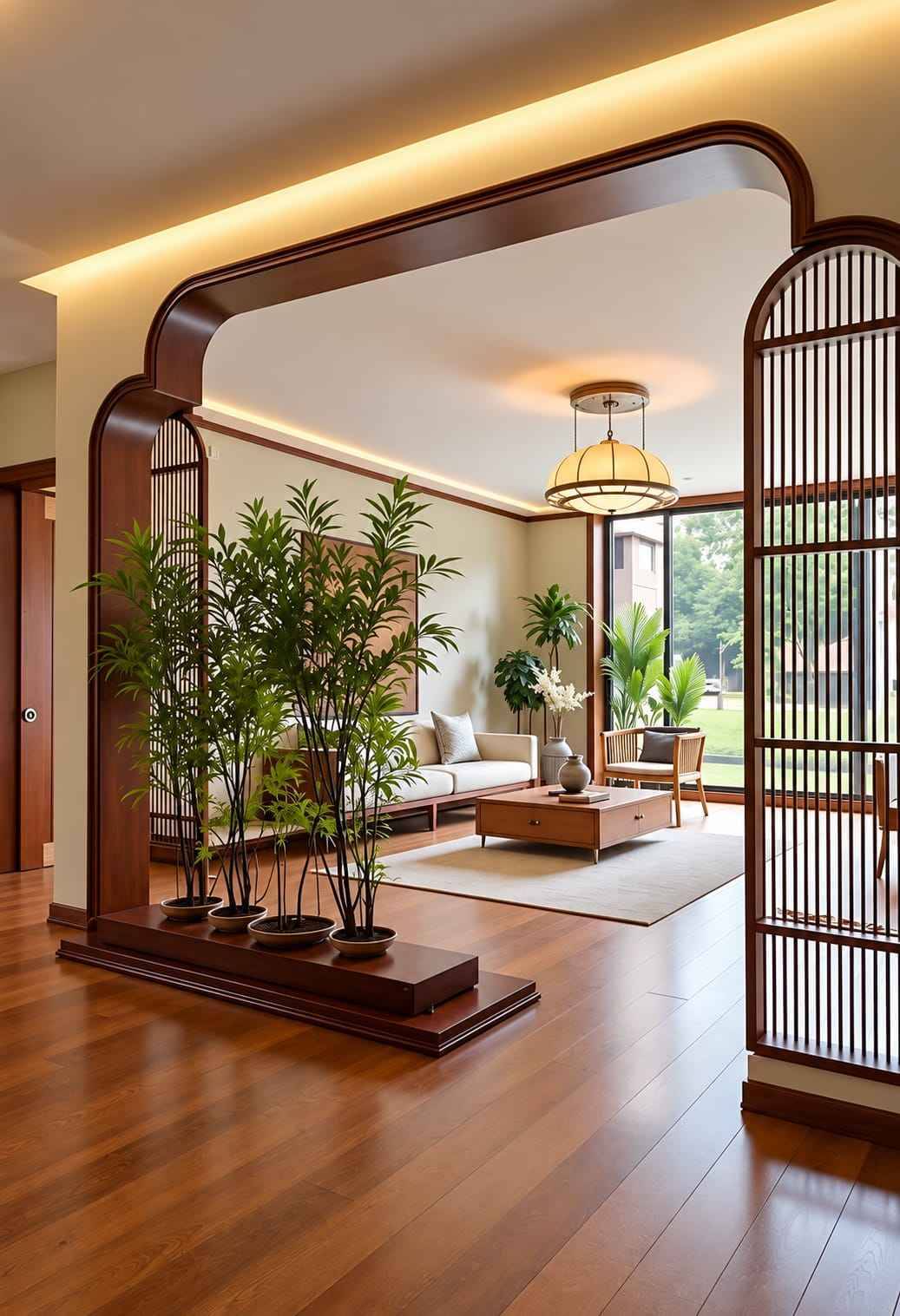 Geometric Wooden Slat Partition with Decorative Shelves and Blue Sofa | Ambattur image 2