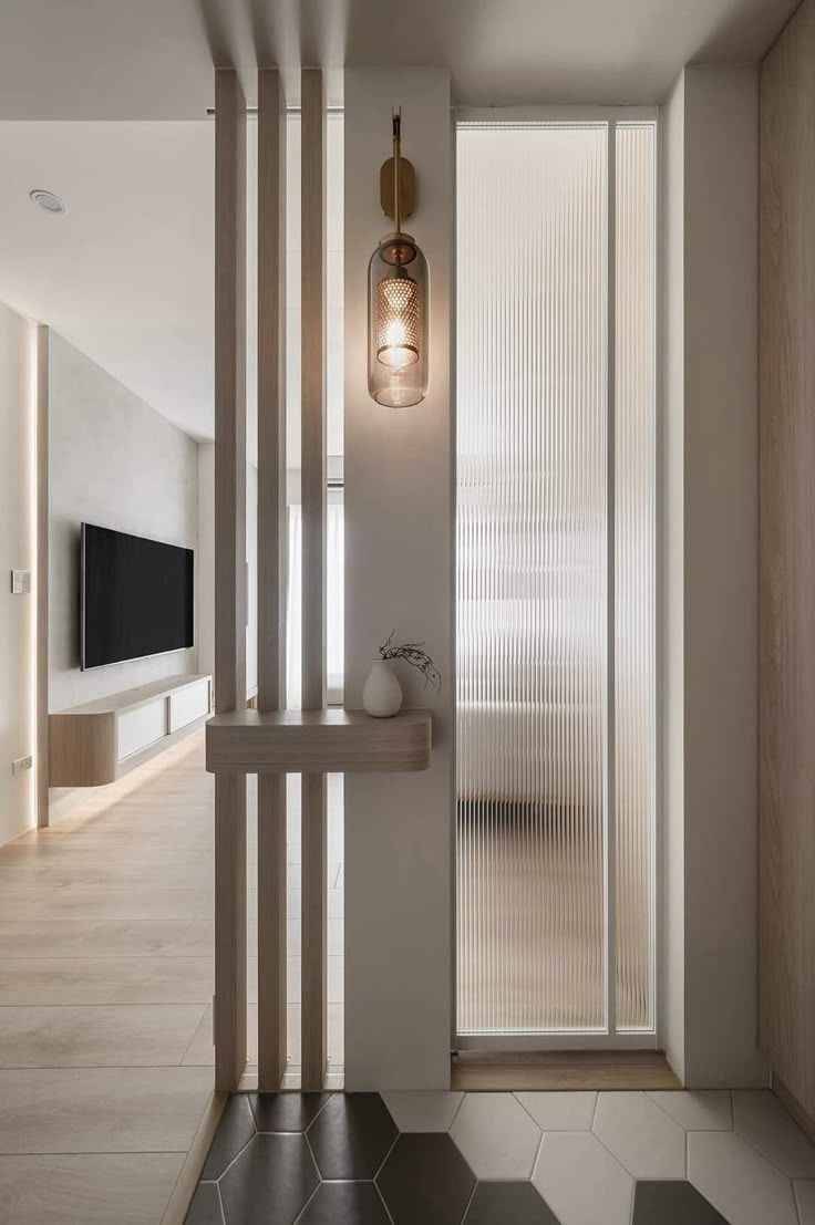 Geometric Wooden Slat Partition with Gold Accents and Integrated Planter | Porur image 3