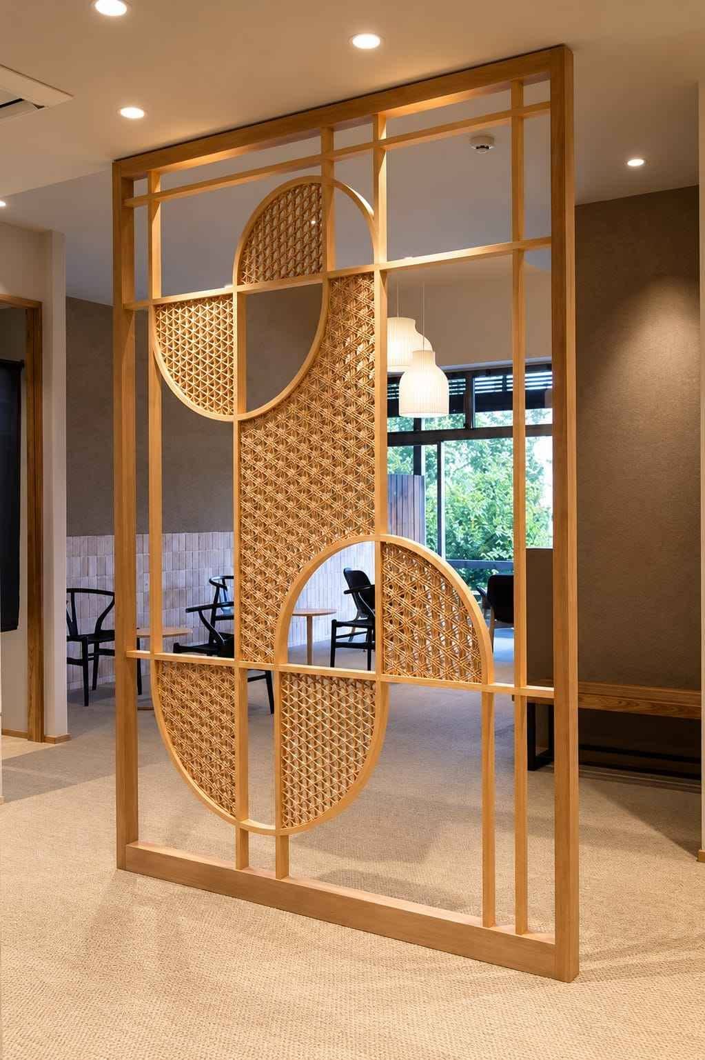 Open Plan Living Room with Wooden Slat Partition and Designer Kitchen | Adyar image 2