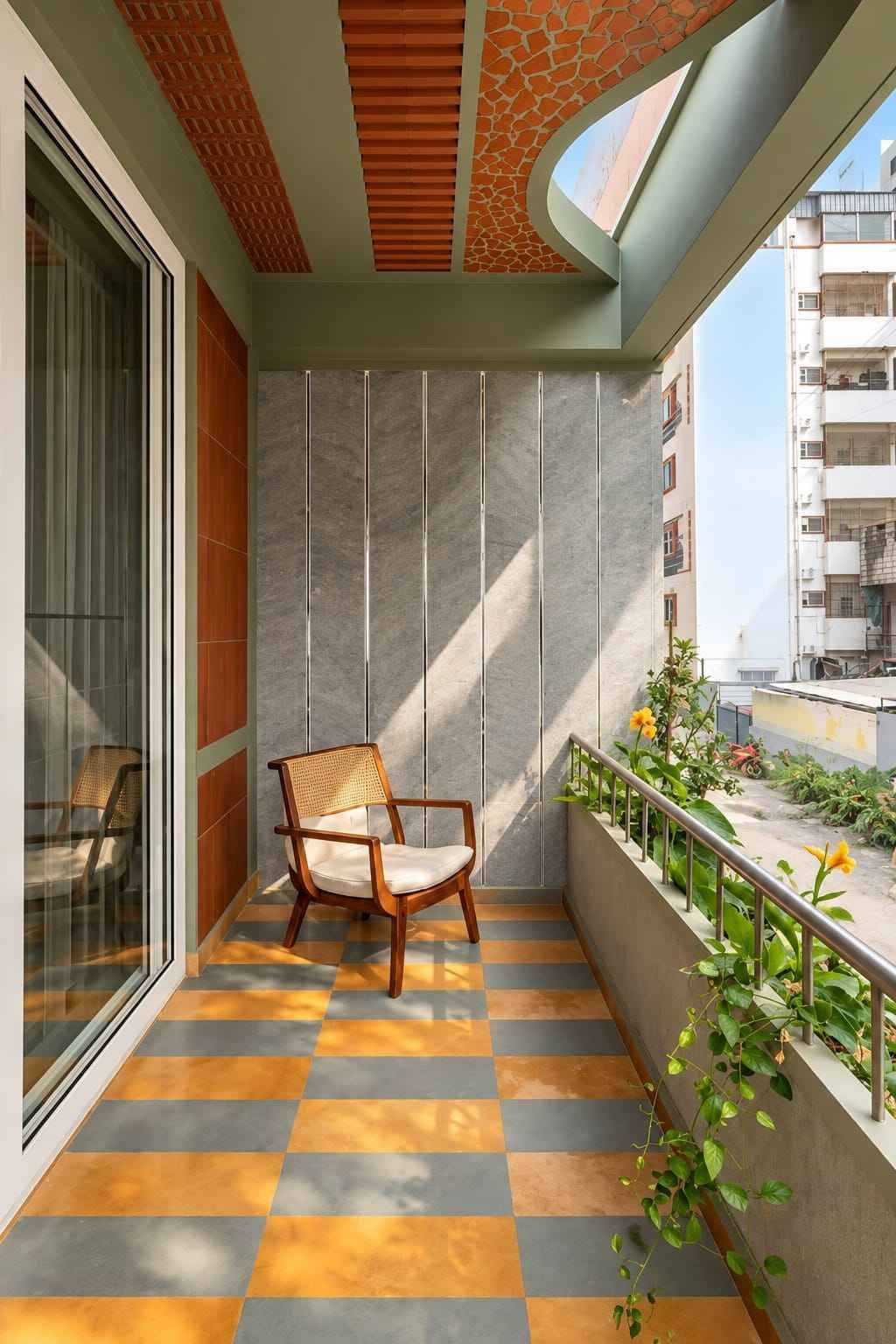Elegant Balcony Garden Design with Wooden Deck and Glass Railing | Adyar image 3