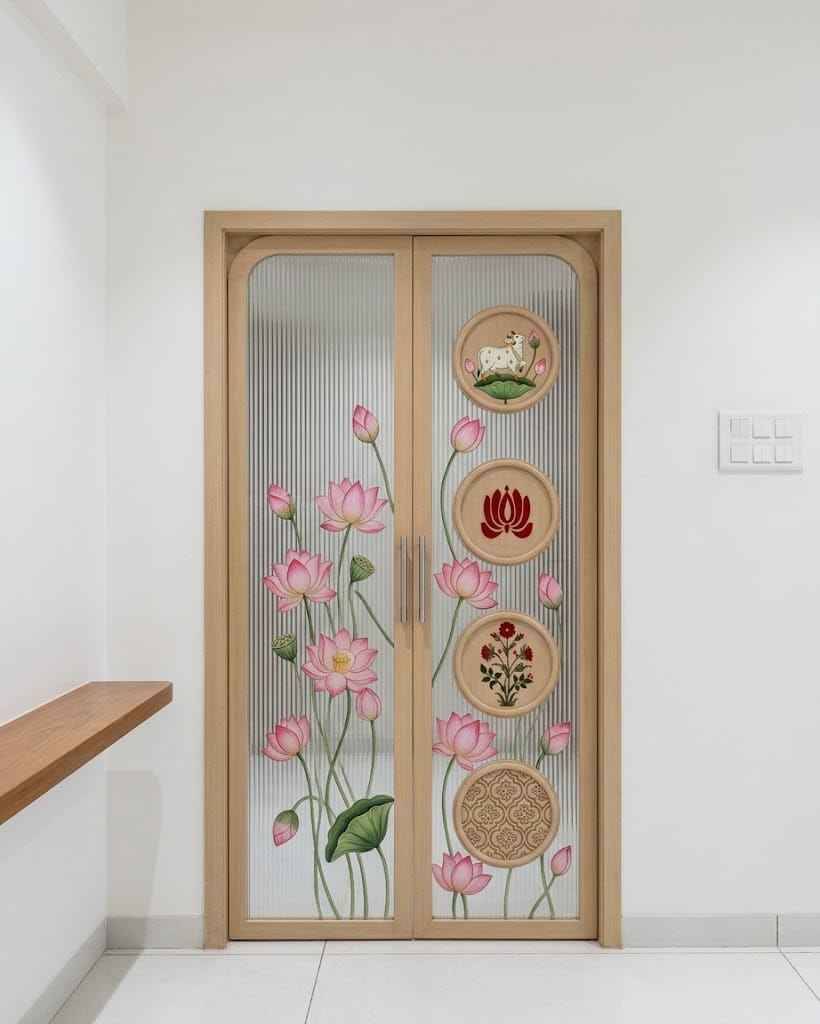 Traditional Wooden Pooja Room Design with Etched Glass Doors and Hanging Bells | Tambaram image 3