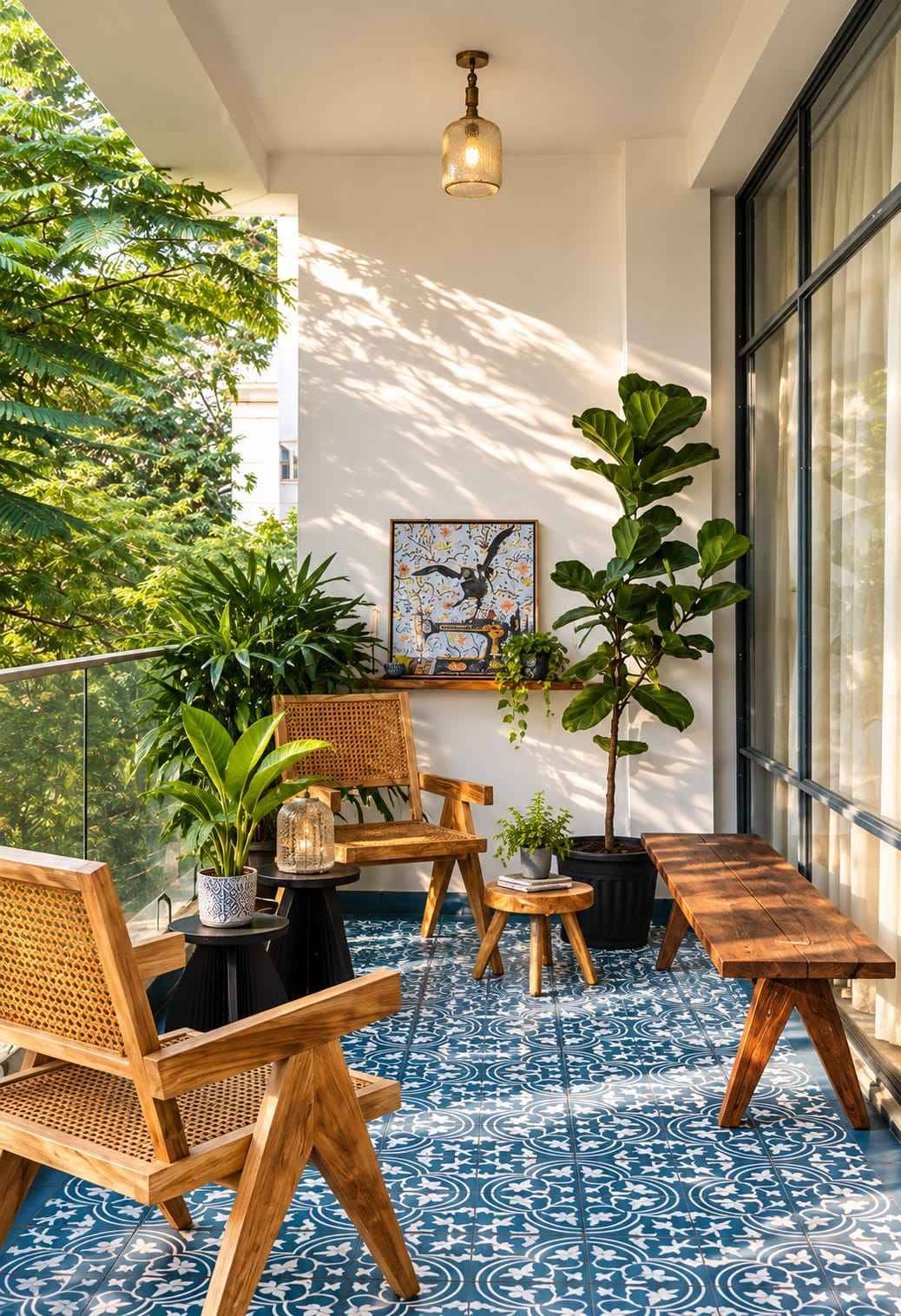 Apartment Balcony Seating Design with Tropical Plants and City View | Tambaram image 3