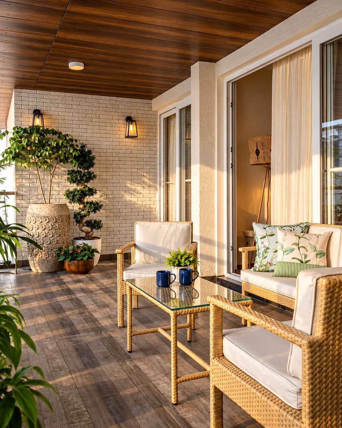 Apartment Balcony Seating Design with Tropical Plants and City View | Tambaram image 2