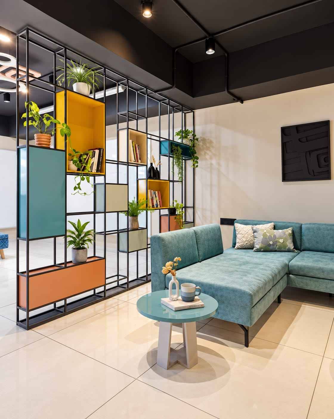 Modern Black Metal Grid Partition with Teal Circular Accents | Kanchipuram image 2
