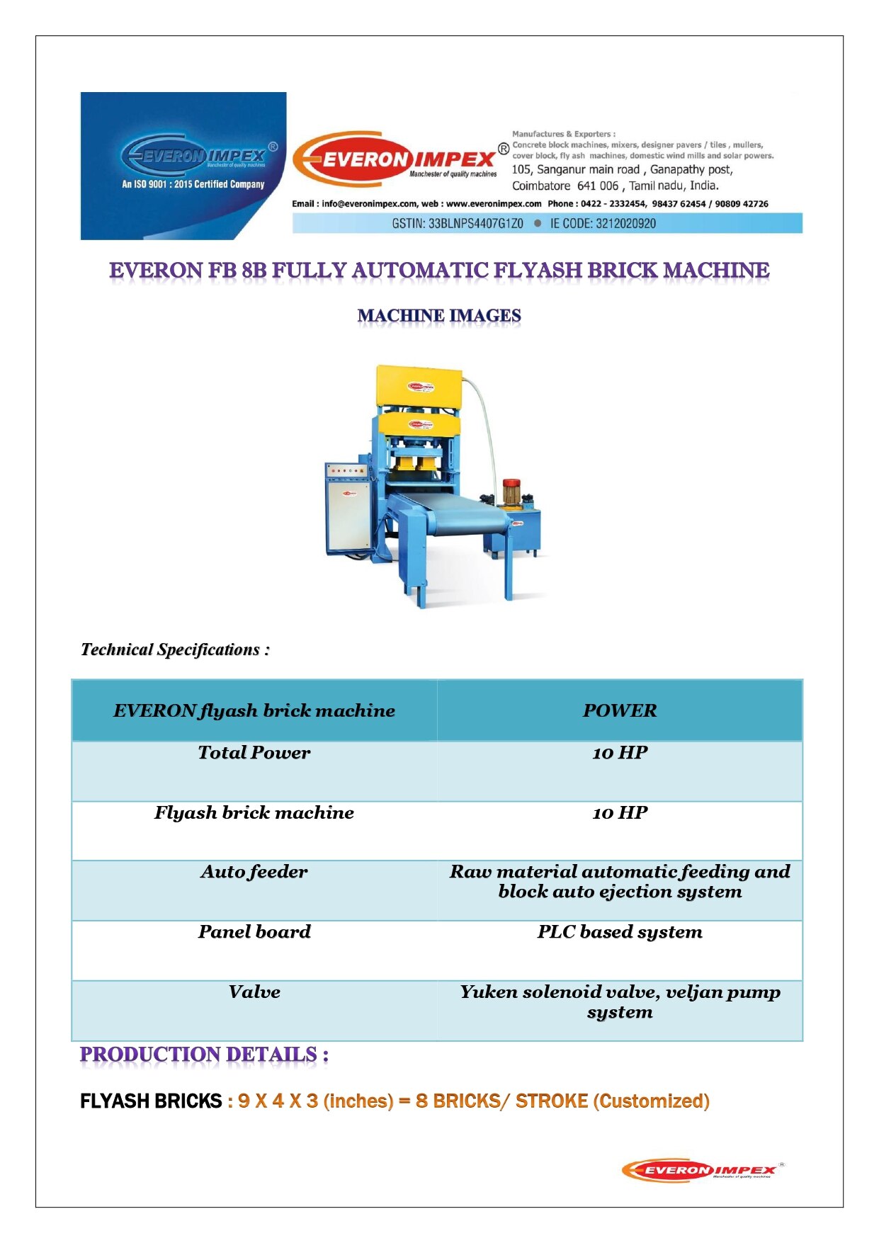 Automatic Fly Ash Brick Making Plant – FB 8B Manufacturers in Coimbatore image 2