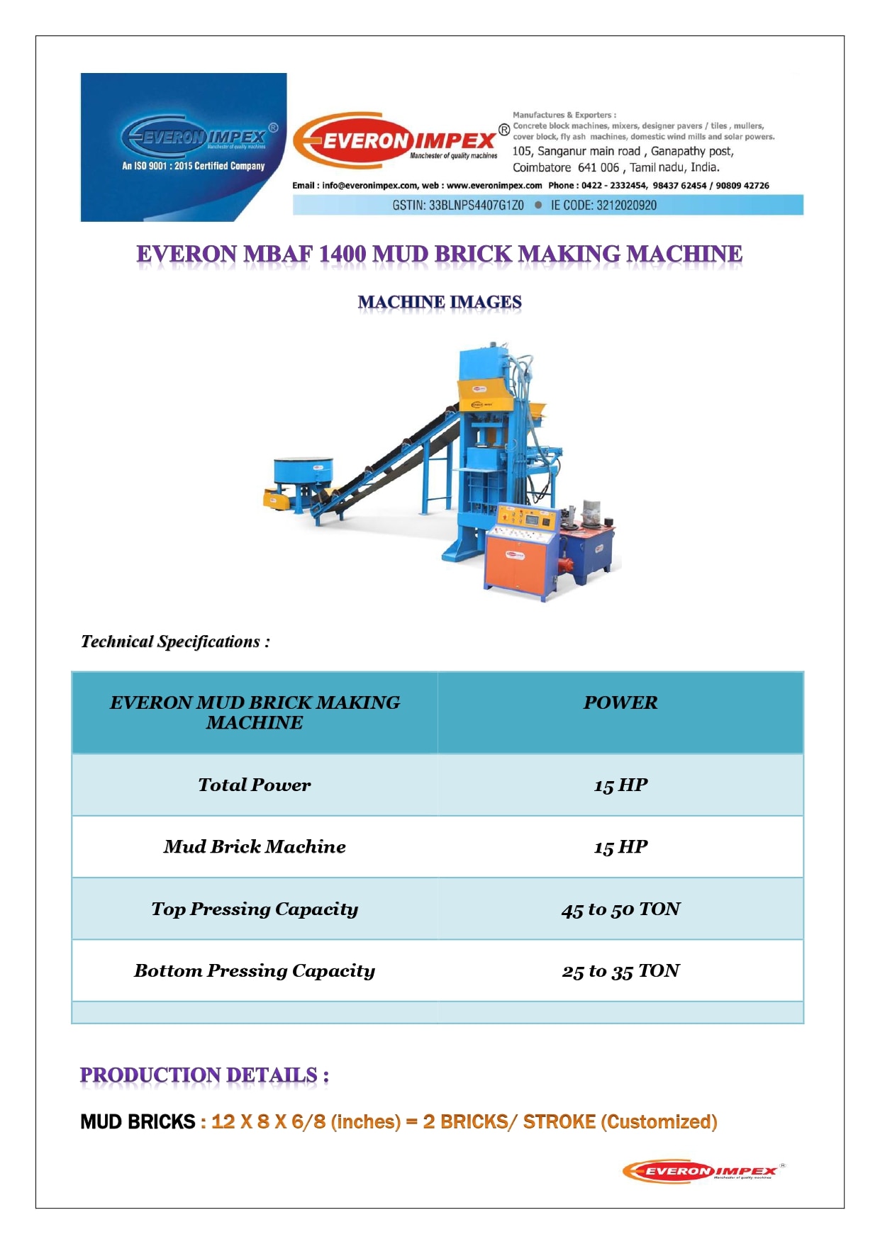 Automatic mud Brick Machine Manufacturers In Coimbatore - MBAF 1400 image 2