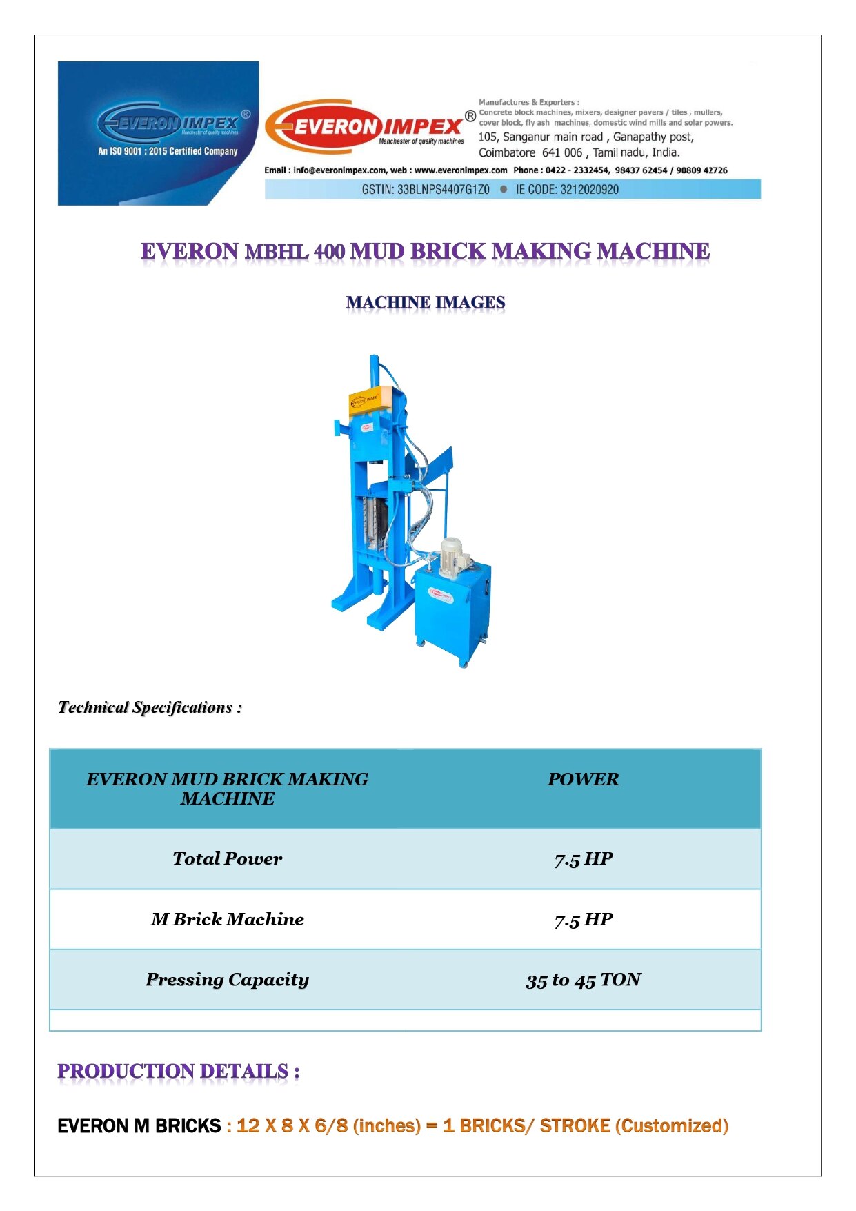 Mud Brick Making Machine Manufacturers In Coimbatore - MBHL 400 image 2