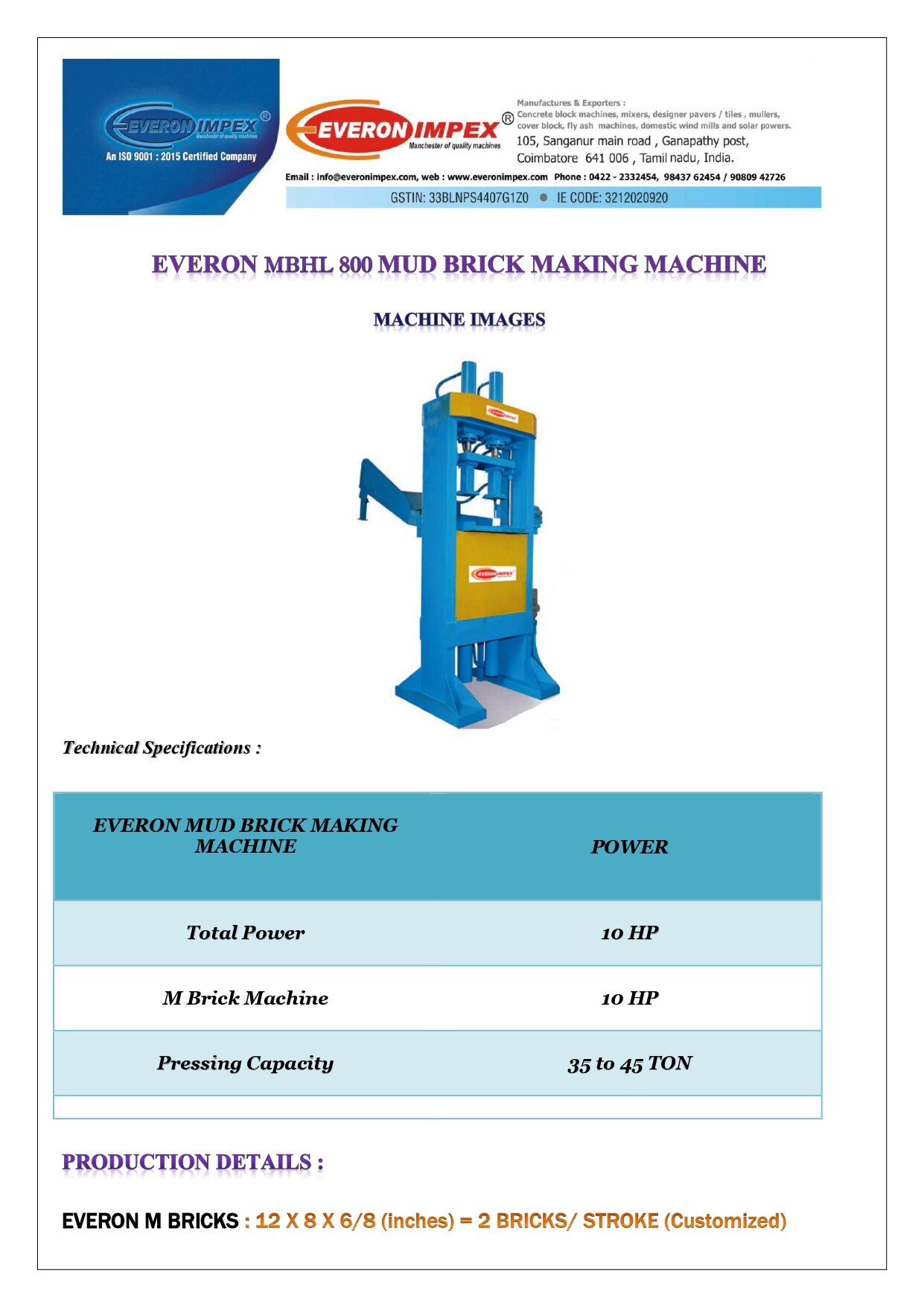 Mud Block Making Machine Manufacturers In Coimbatore- MBHL 800 image 2