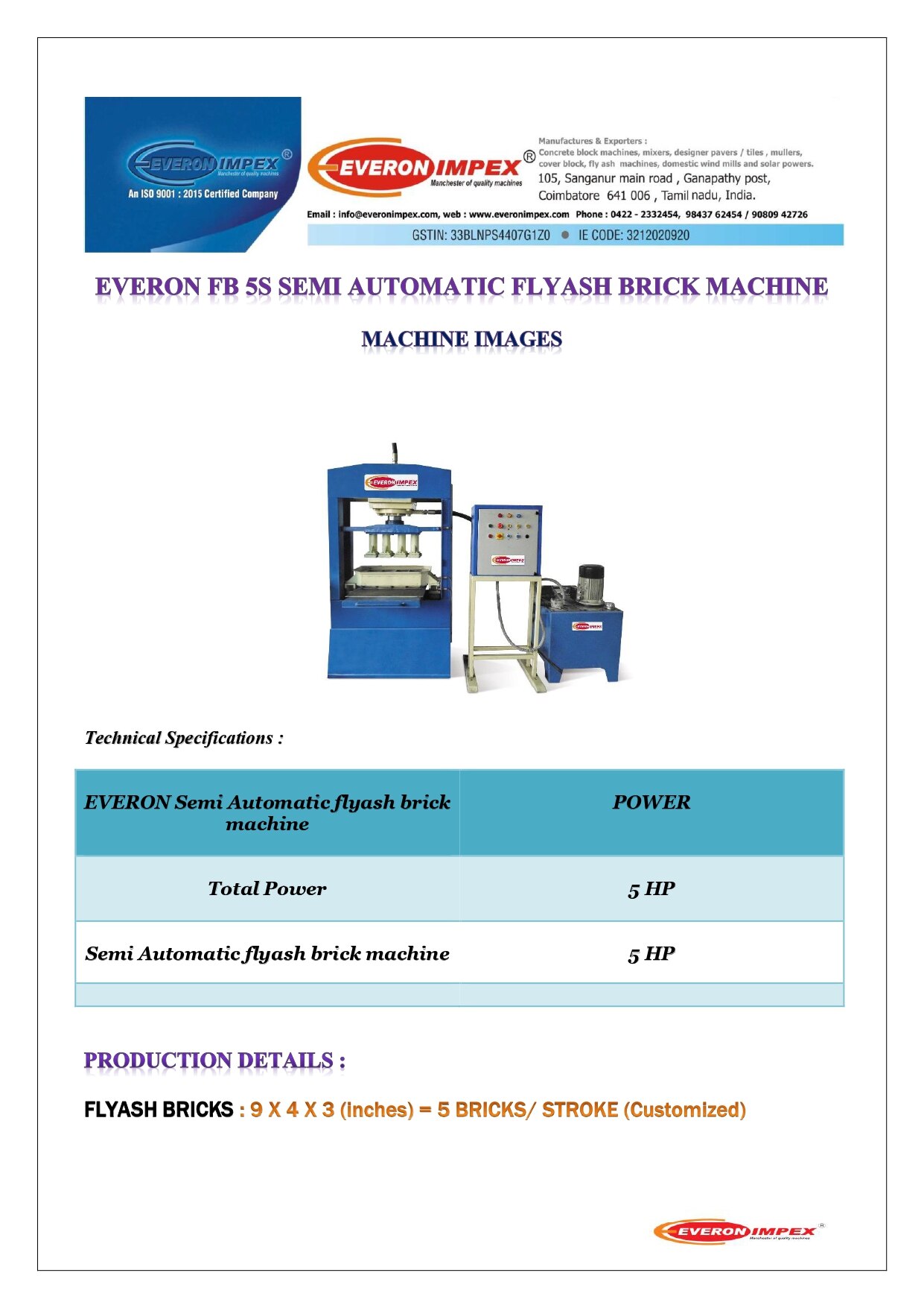 Semi Automatic Fly Ash Brick Making Machine – FB 5S image 2