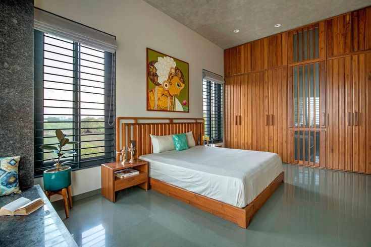Modern Wooden Master Bedroom Interior Design with Large Corner Windows image 2