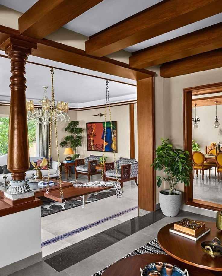 Traditional Kerala Style Living Room Interior Design – Luxury Wooden Pillar Hall Design image 3