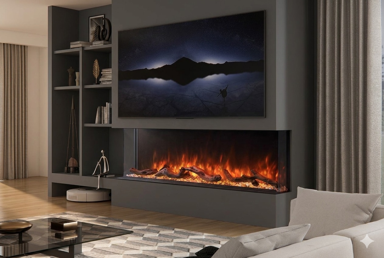 Tru View Luxury 3-Side View Electric Fireplace with Crystal & Custom Wooden Logs (36inch) image 4