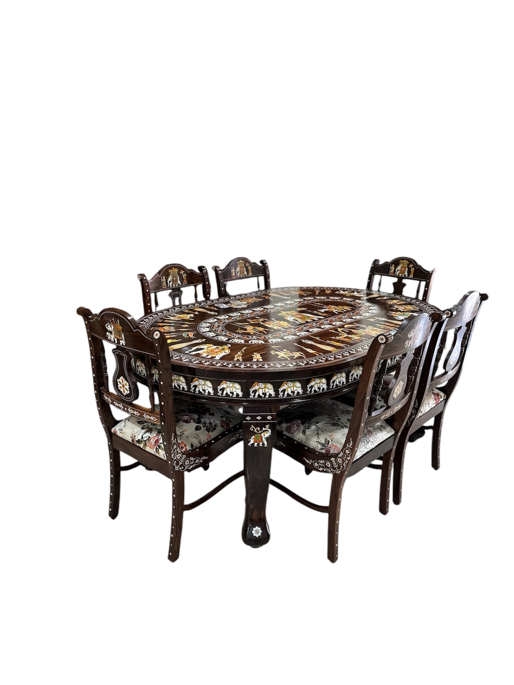 Handcrafted Oval Shaped Rosewood Dining Table Set with Inlay Work image 2