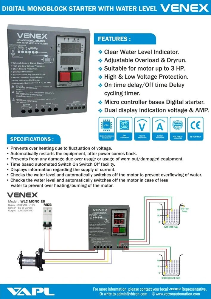 VENEX WLC MONO 26 open well submersible pump control panel with water level controller image 8