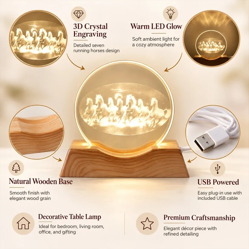 3D Running Horses Crystal LED Table Lamp with Wooden Base (1 Pc) (12384) image 3