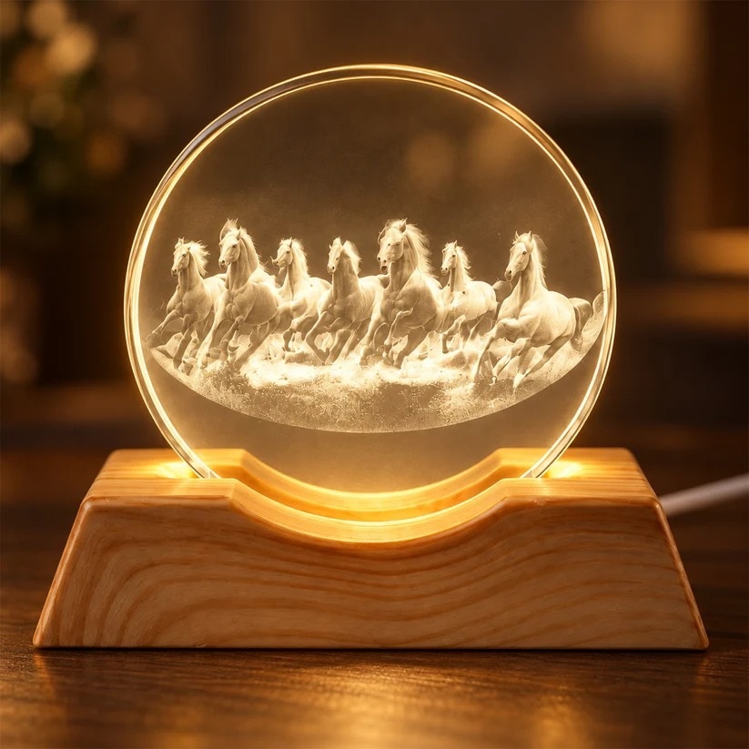 3D Running Horses Crystal LED Table Lamp with Wooden Base (1 Pc) (12384) image 6