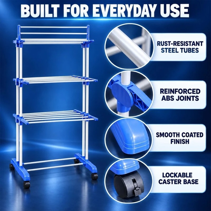3 Tier Clothes Drying Rack with Foldable Wings and Lockable Castor Wheels (18268) image 6
