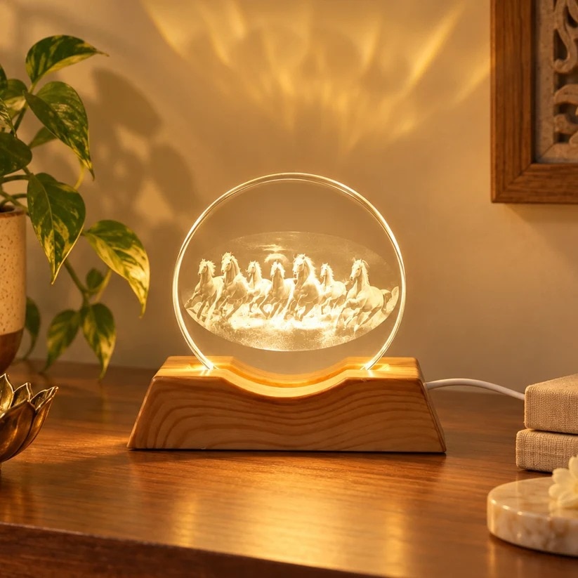 3D Running Horses Crystal LED Table Lamp with Wooden Base (1 Pc) (12384) image 2