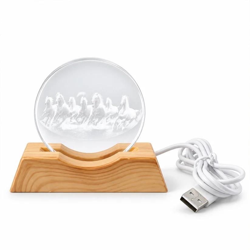 3D Running Horses Crystal LED Table Lamp with Wooden Base (1 Pc) (12384) image 5
