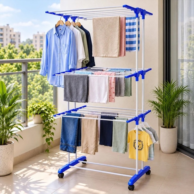 3 Tier Clothes Drying Rack with Foldable Wings and Lockable Castor Wheels (18268) image 5