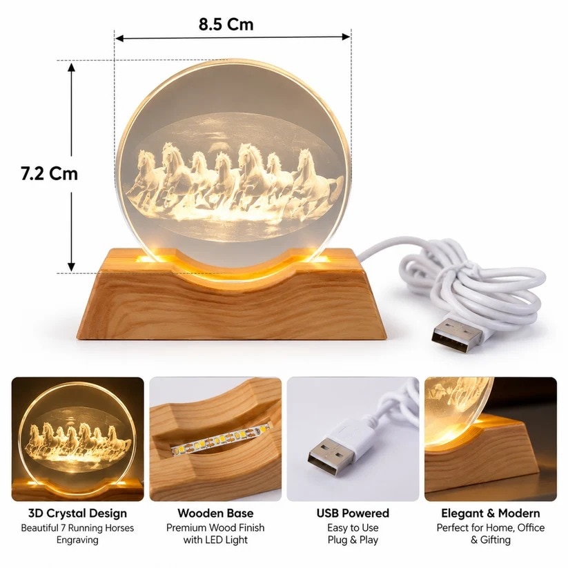 3D Running Horses Crystal LED Table Lamp with Wooden Base (1 Pc) (12384) image 4