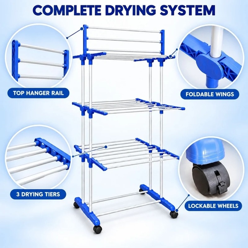 3 Tier Clothes Drying Rack with Foldable Wings and Lockable Castor Wheels (18268) image 4