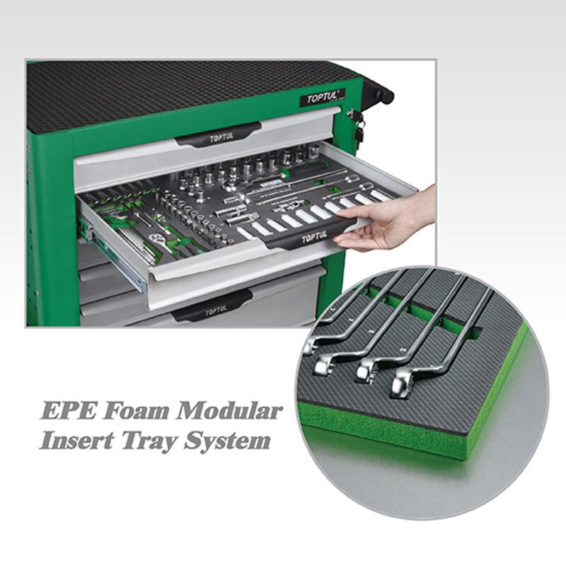 W/7-Drawer Tool Trolley - 213PCS Mechanics Tool Set (BUMPER SERIES) GREEN image 2