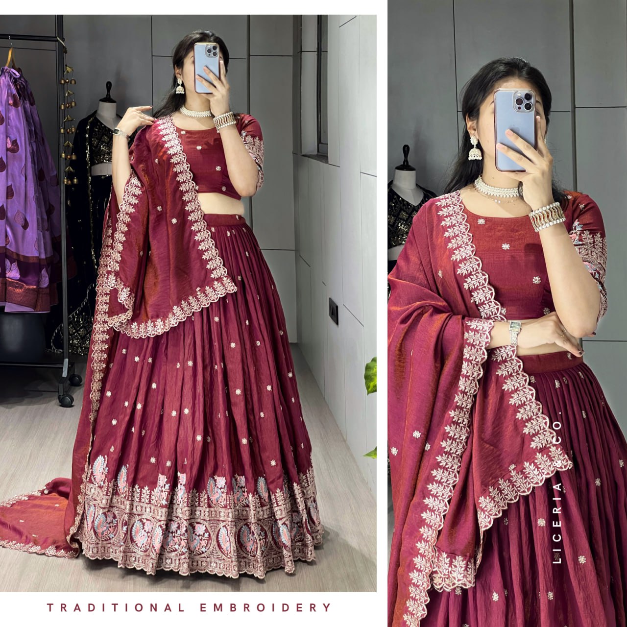 Classical Burgandy Embroidery Lehenga Set image 2
