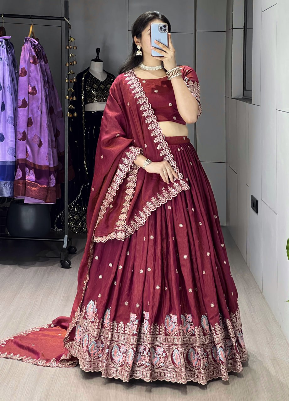 Classical Burgandy Embroidery Lehenga Set image 4