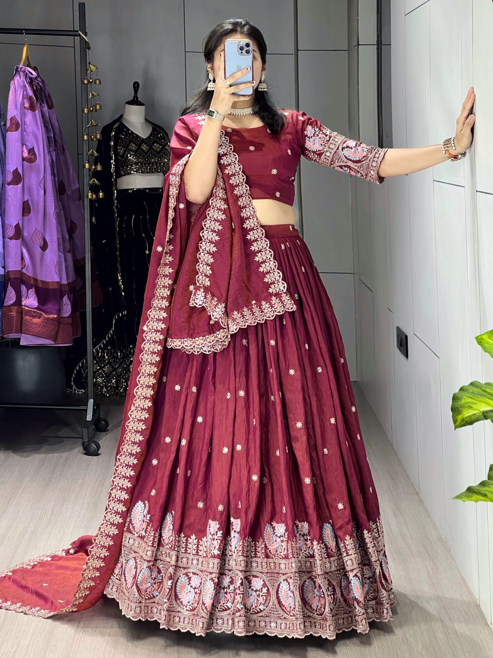 Classical Burgandy Embroidery Lehenga Set image 5