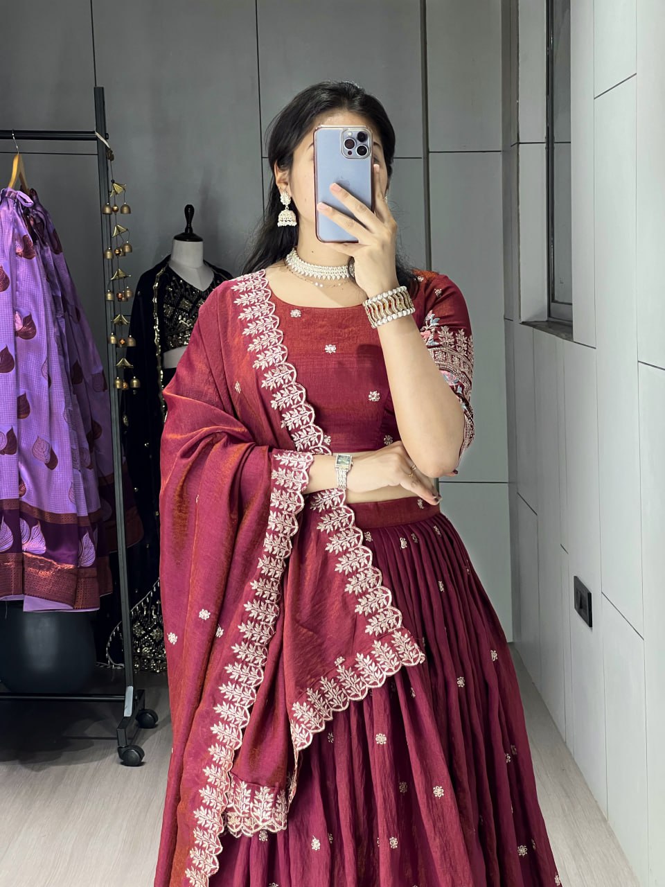 Classical Burgandy Embroidery Lehenga Set image 3