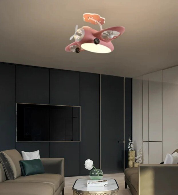 Pink AeroPlay Kids' Chandelier Fan – Modern Aircraft Ceiling Light with LED image 3