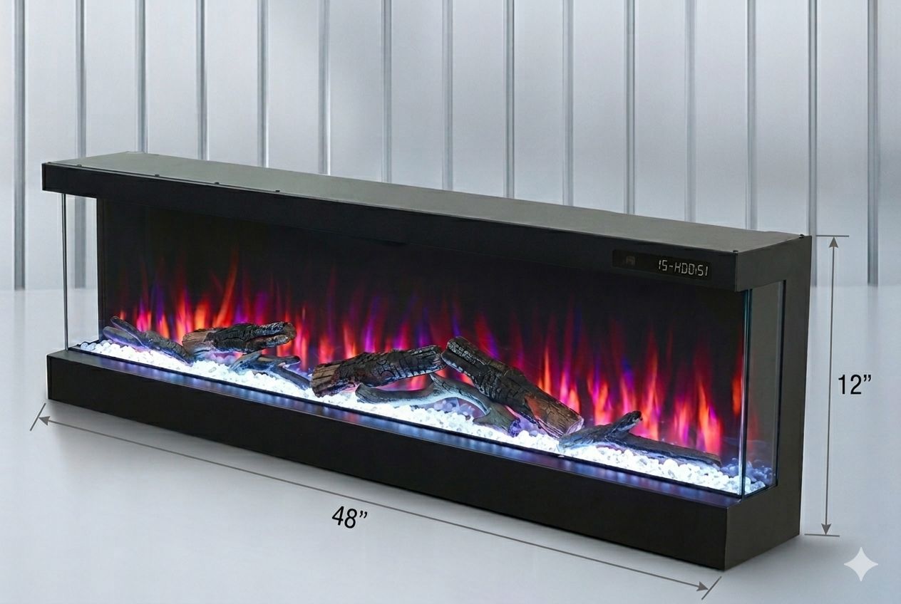 Tru View Luxury 3-Side View Electric Fireplace with Crystal & Custom Wooden Logs (48inch) image 2